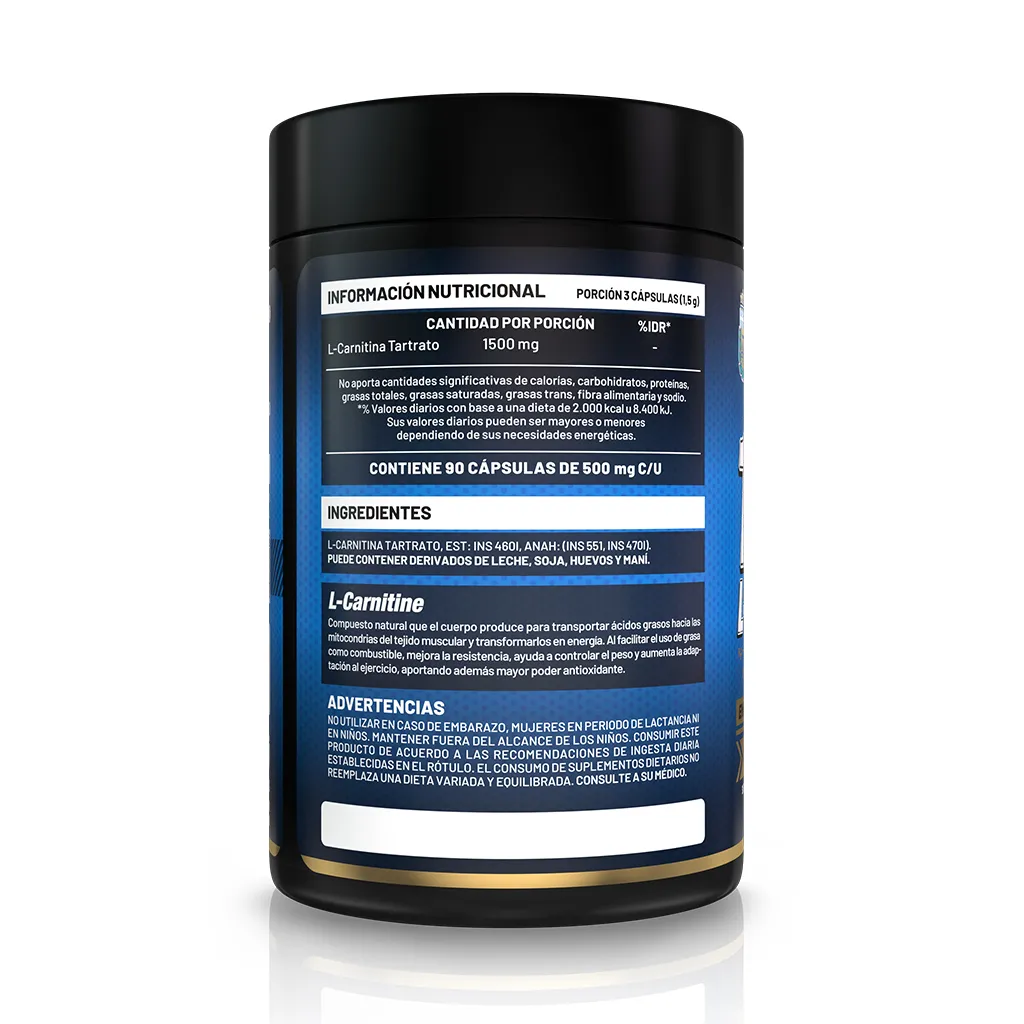 L-carnitine Gentech x 90 - vista trasera del envase | GenTech AFA