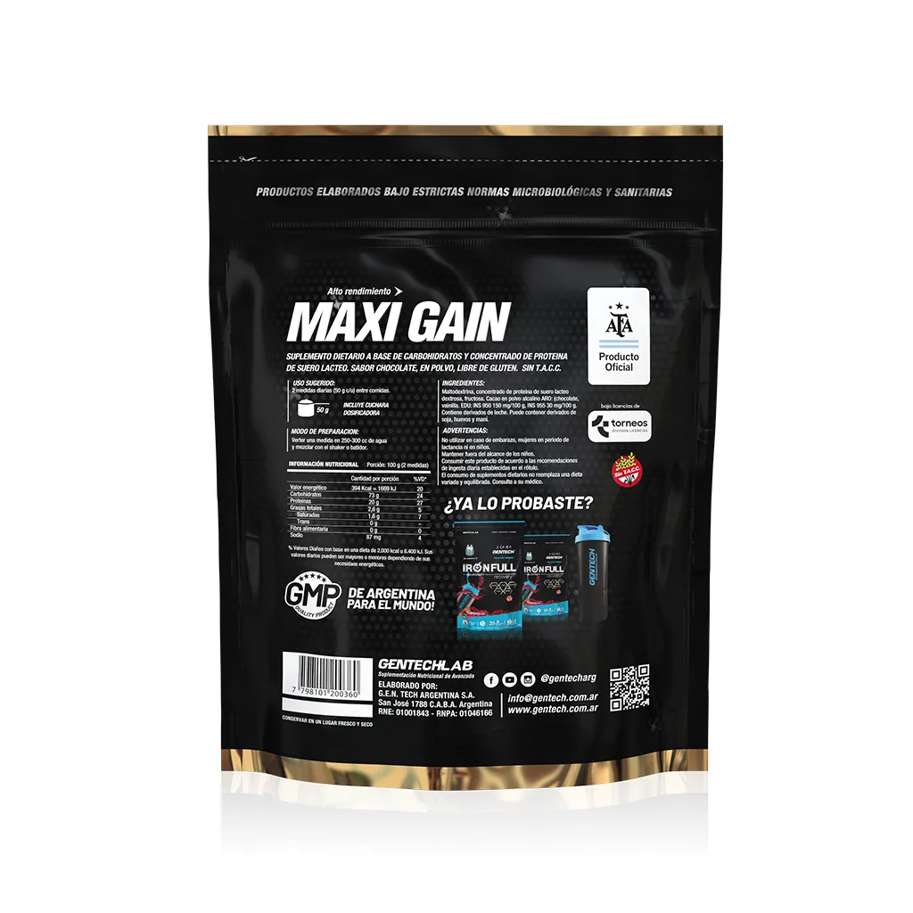 Maxi Gain 1250 grs (Chocolate) - vista trasera del envase | GenTech AFA