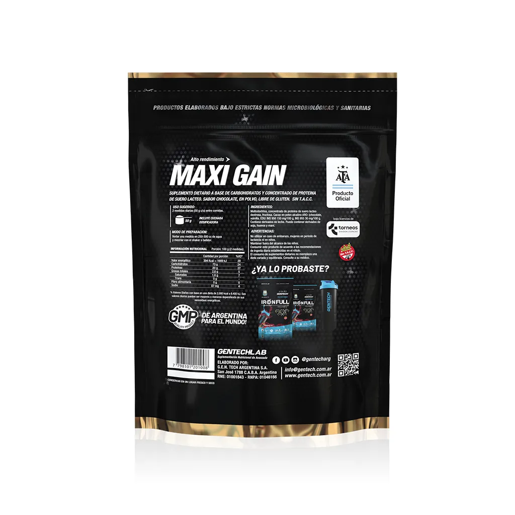 Maxi Gain 750 grs (Chocolate) - vista trasera del envase | GenTech AFA
