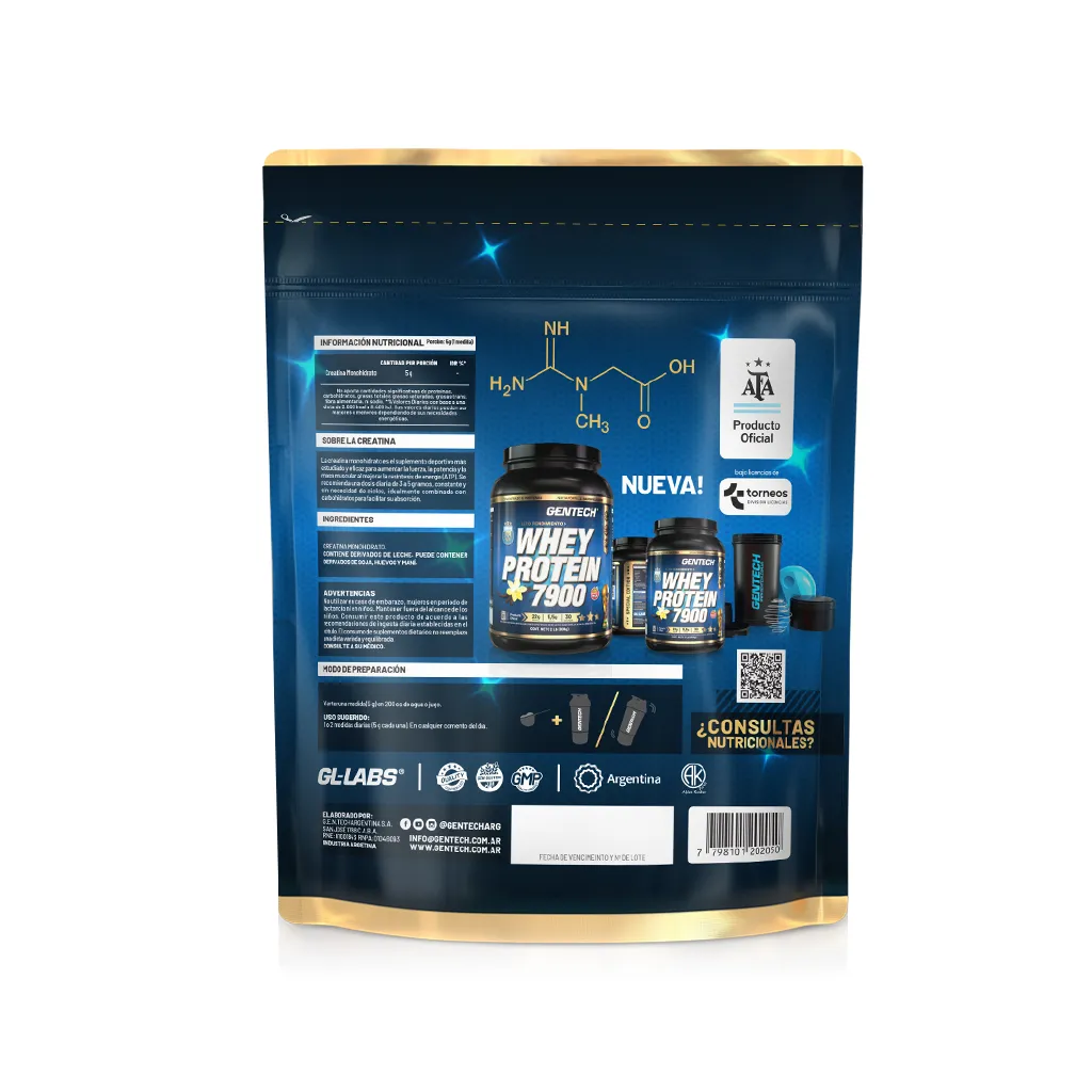 CREATINA MONOHIDRATO x 500g - vista trasera del envase | GenTech AFA